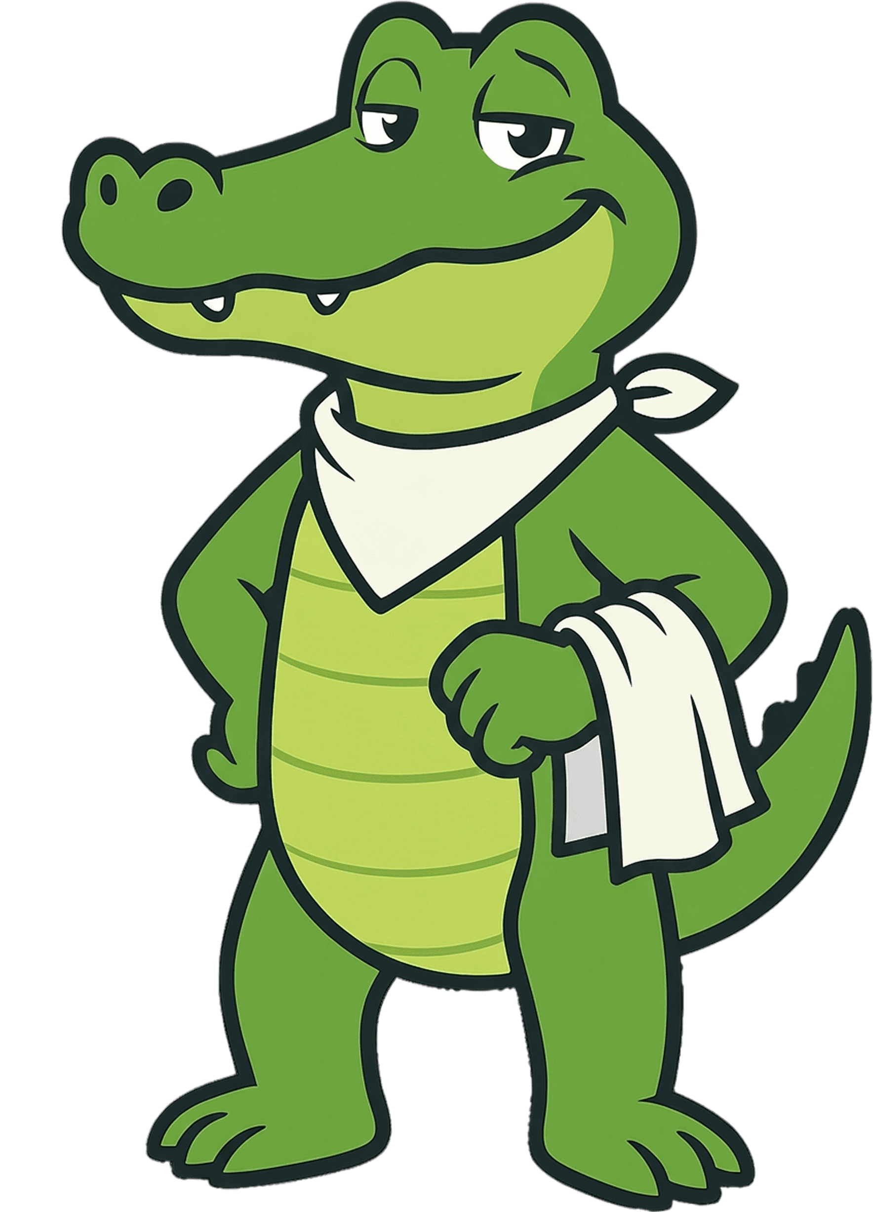 Green cartoon alligator mascot, wearing a white bandana and holding a white towel, stands with a confident smirk.