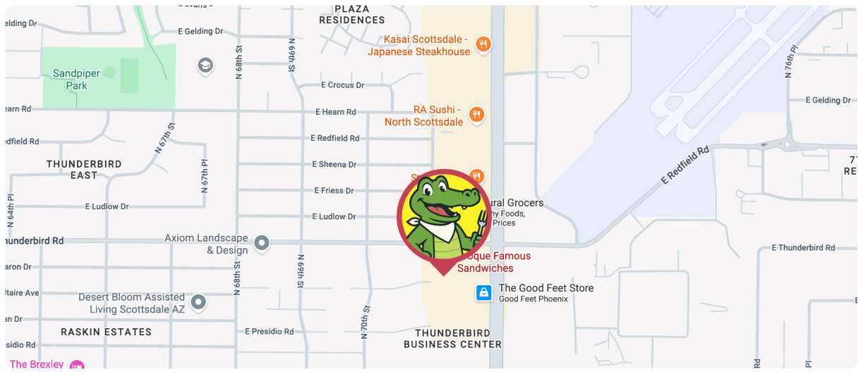 Map of Scottsdale, Arizona, showing a restaurant location marked by an alligator holding a fork, near Hotel Valley Ho and Old Town Scottsdale.