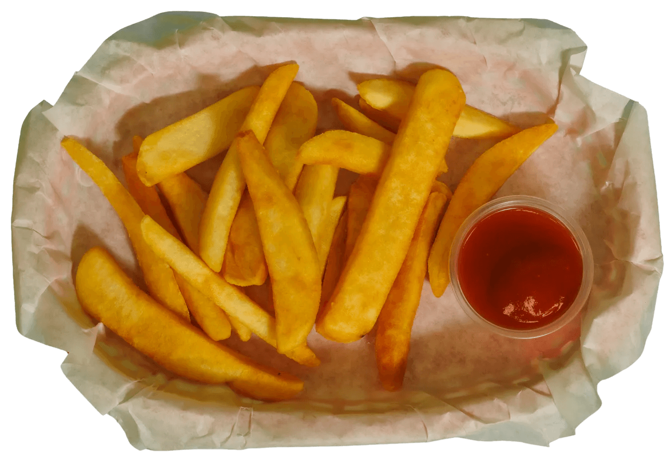 An overhead shot of a paper-lined basket overflowing with golden-brown french fries, accompanied by a small plastic cup of red ketchup.