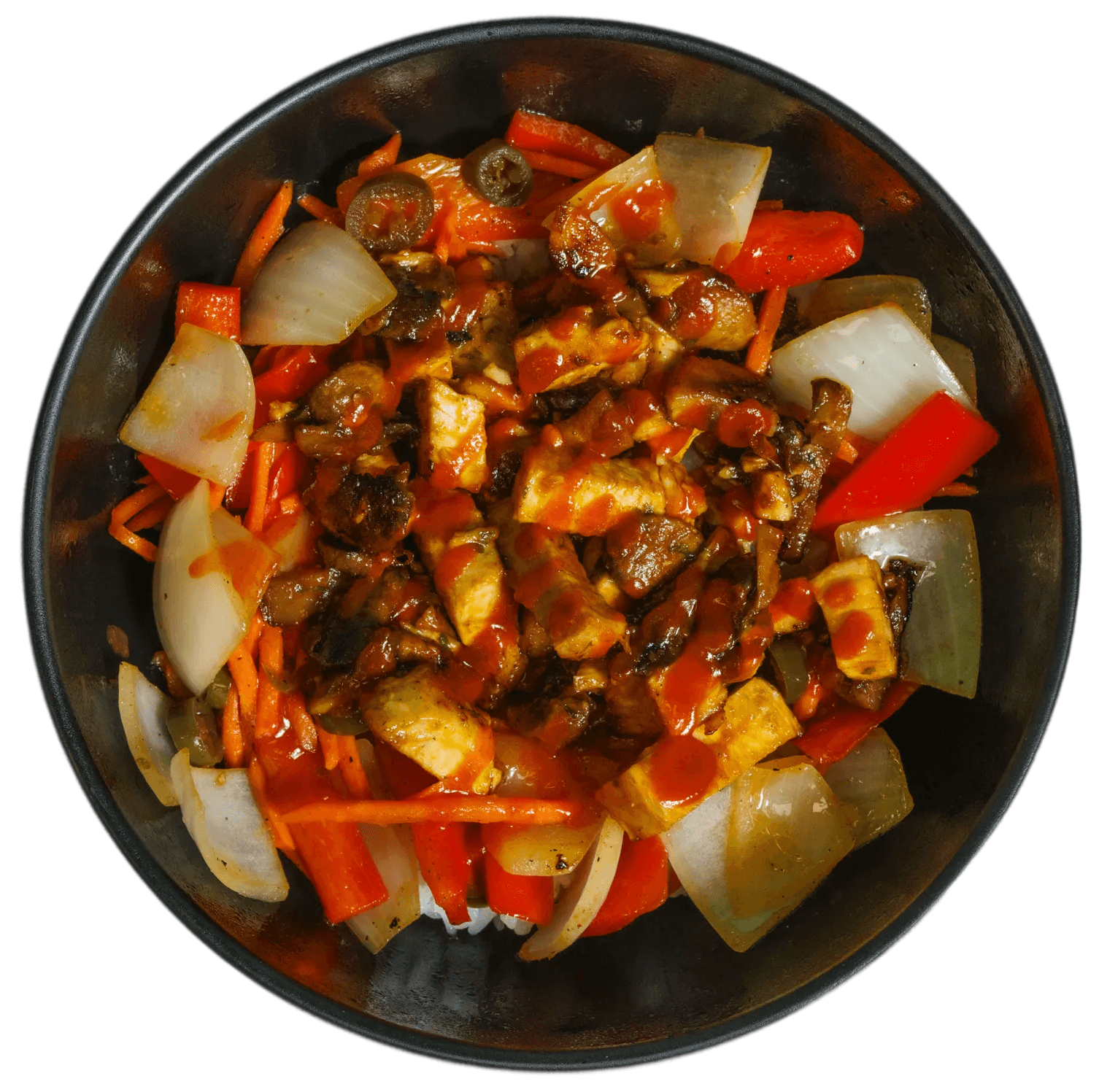 Overhead view of a spicy chicken bowl with rice, topped with chicken pieces, onions, red peppers, carrots, and jalapeños, drizzled with a vibrant red sauce, served in a dark bowl.