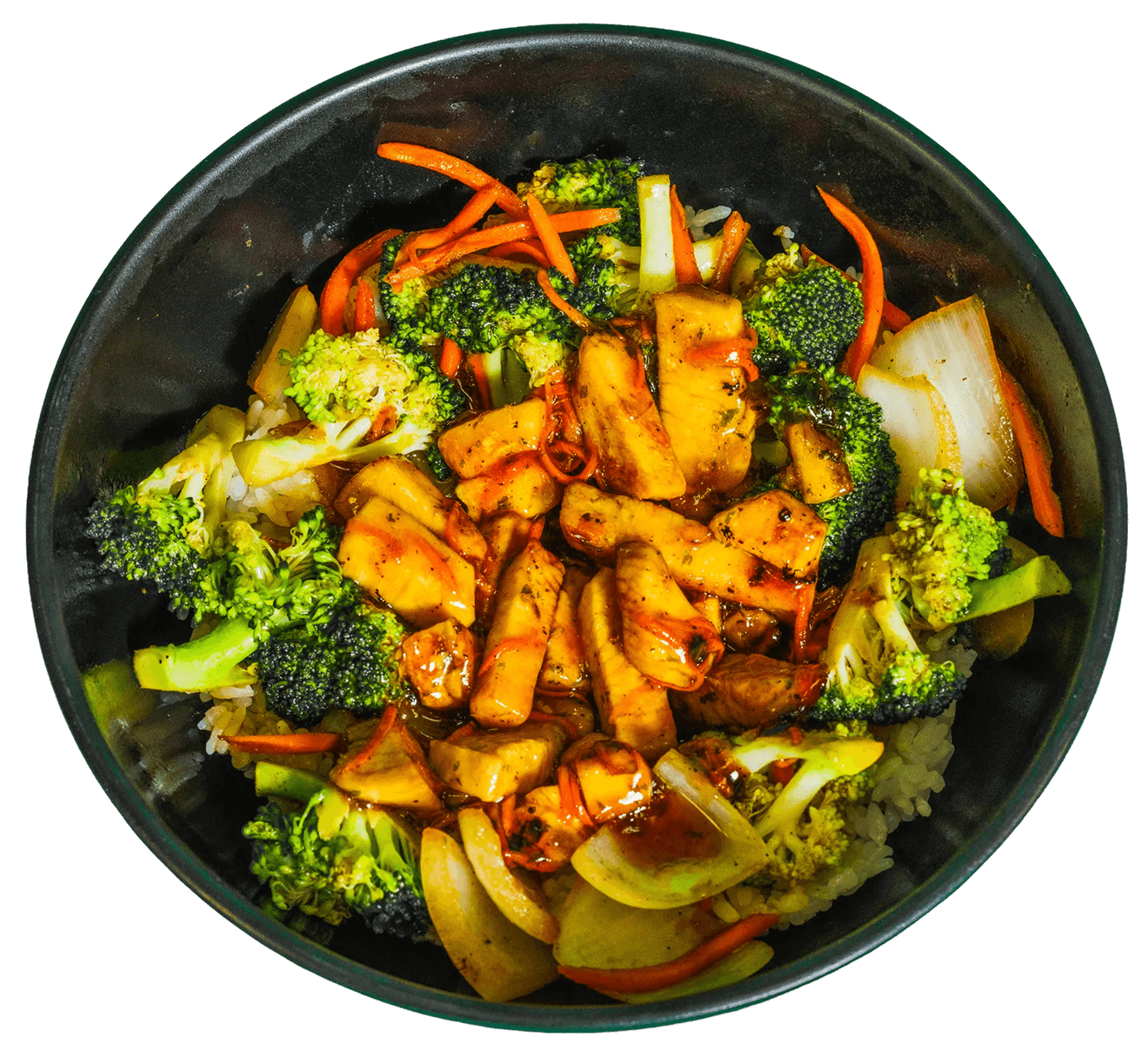 Black bowl filled with teriyaki chicken, broccoli, carrots, onions, and white rice, generously coated in a rich brown sauce.